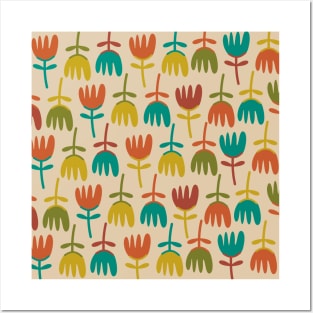 Tulips - Cute Scandinavian Floral Pattern in Midcentury Modern Mustard, Teal, Olive, and Orange on Mid Mod Beige Posters and Art